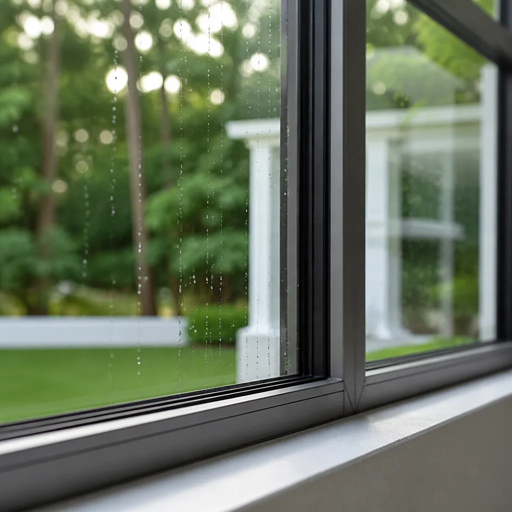 High-quality black window frame installed with view of a garden