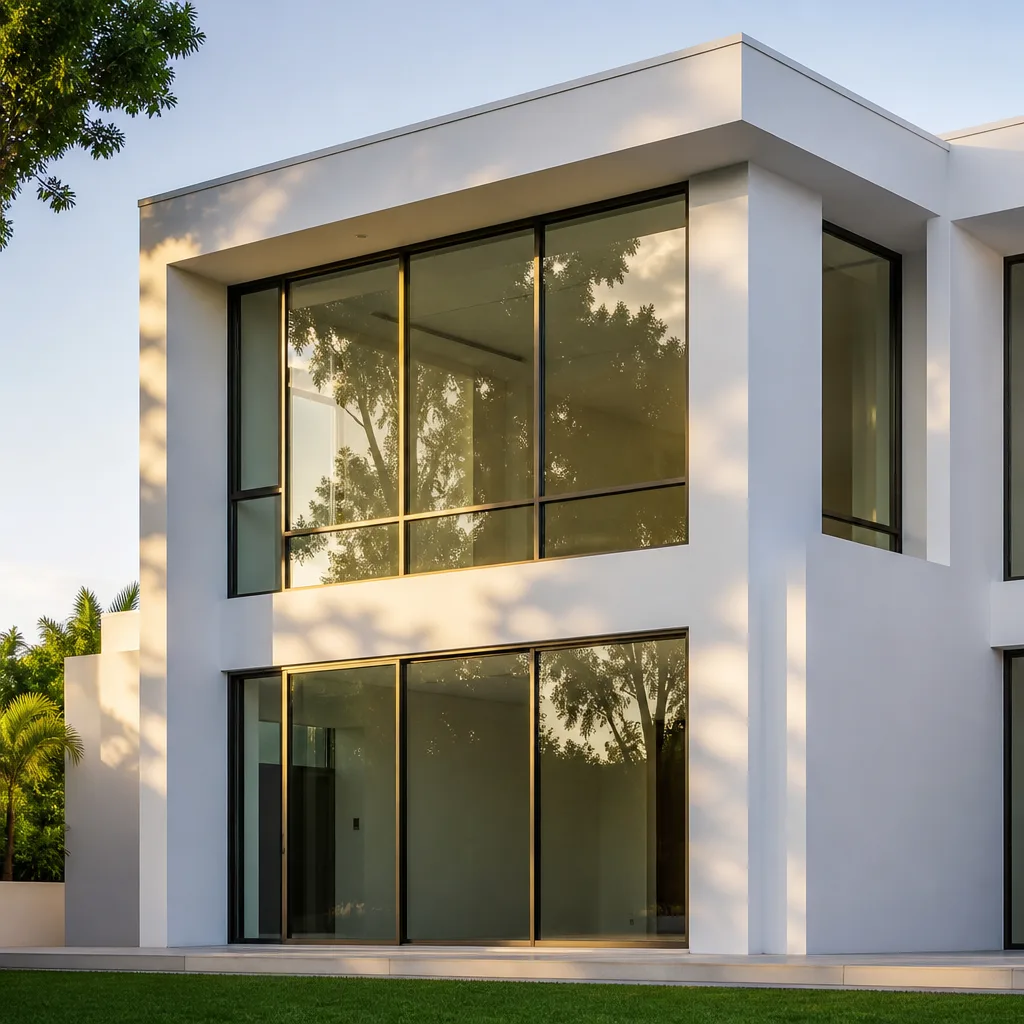 Modern home exterior with large floor-to-ceiling window installation.